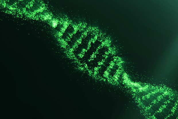 Concept of biochemistry with dna molecule on green background, Genetic engineering scientific concept, green tint. 3D rendering