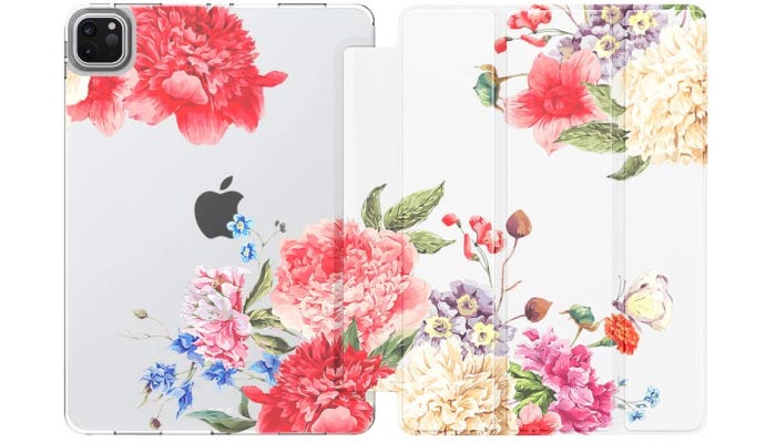 an open white iPad case with floral design on it