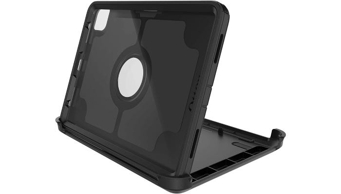 an empty black iPad case that's standing up