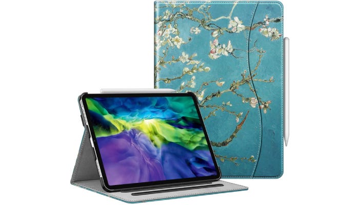 an iPad shown in a case standing up with the front view of the turquoise floral-patterned case 