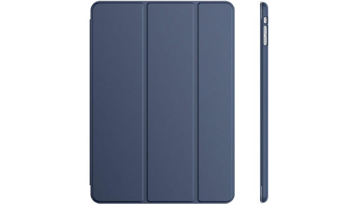 a navy blue iPad case with vertical lines