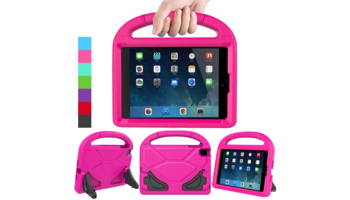 a bright pink kids' iPad mini case with a handle on the top and legs on the back