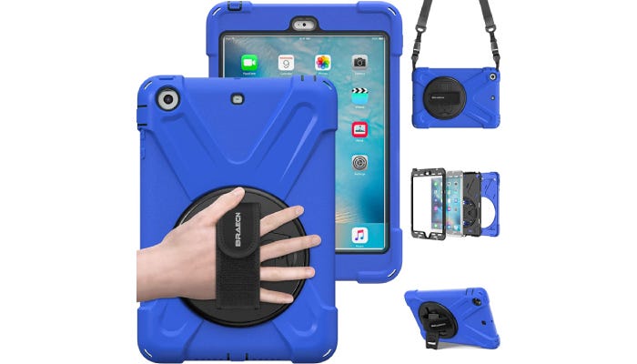 A blue iPad case with a velcro hand strap on the back and other accessories