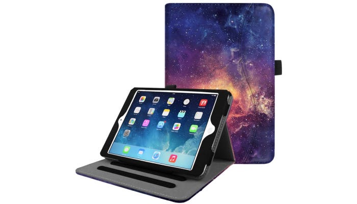 an iPad mini standing up horizontally with a case; the case has a starry night sky printed on it