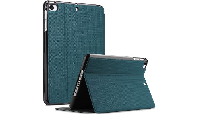 a back view of an iPad with a green case that can stand up