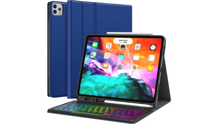 an iPad standing in its blue case that comes with a lit keyboard