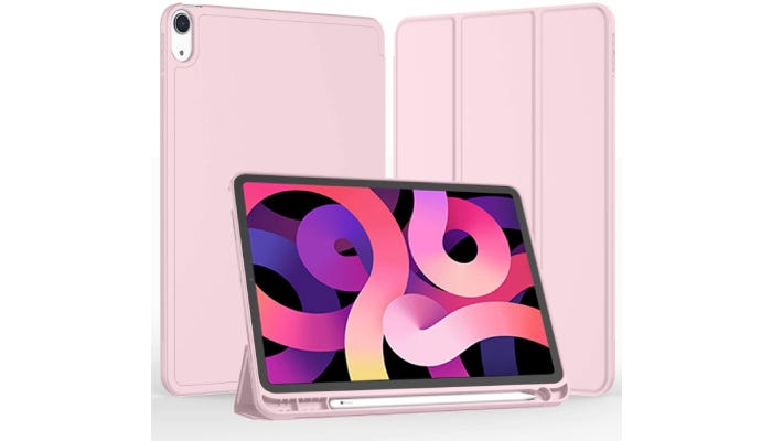 an iPad with a pink folding case