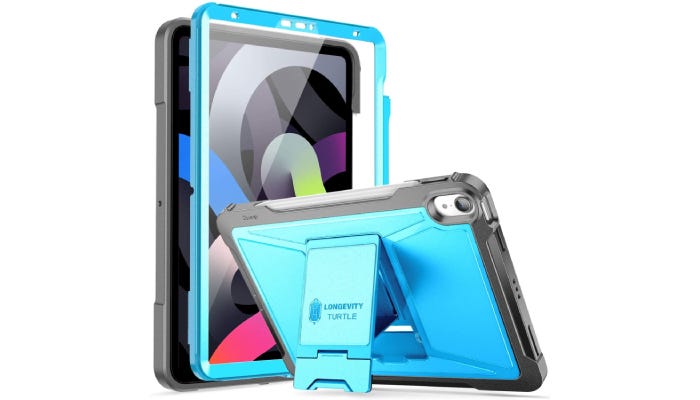 a hard blue iPad case with a stand on the back and a screen cover on the front