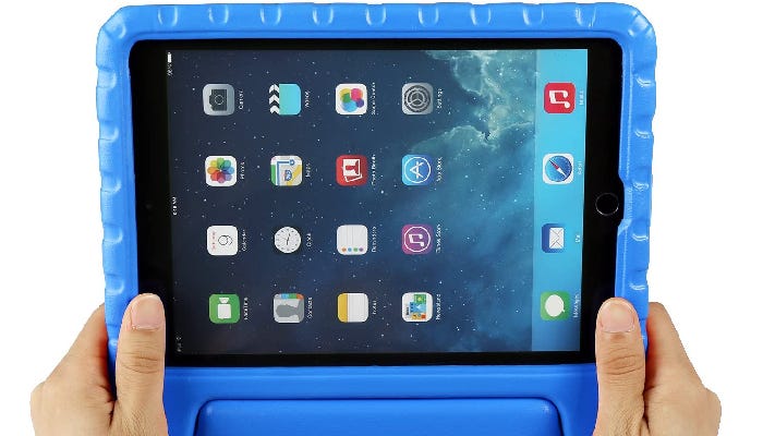 Two hands hold a blue iPad case against a white background.