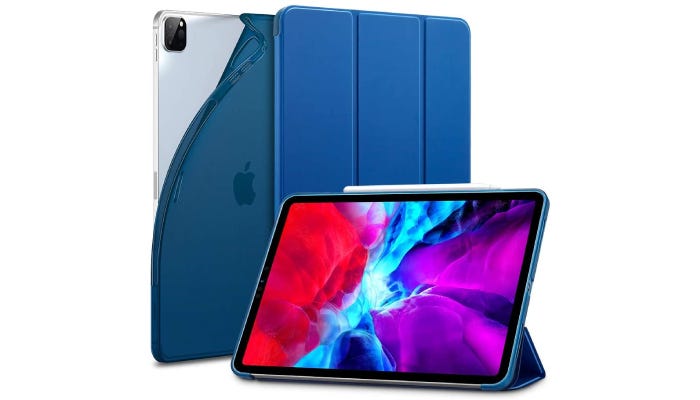 an iPad with a blue case that folds to show it standing up the device