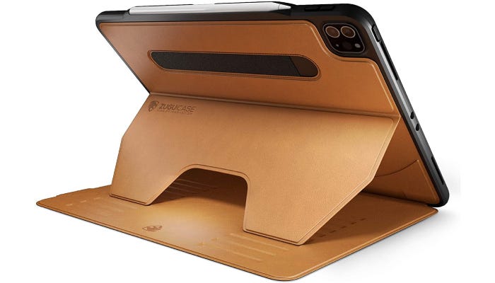 a camel-colored leather iPad stand case supporting the device