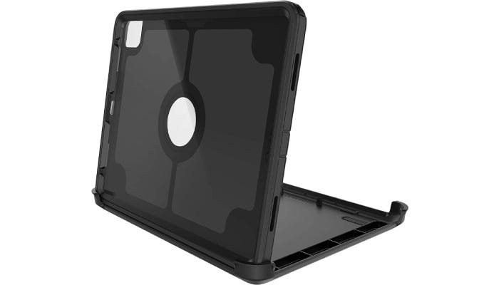 a black sturdy iPad case that is positioned standing up