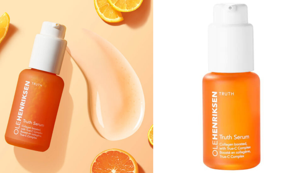 A bottle of vitamin c serum is surrounded by swatches and oranges.