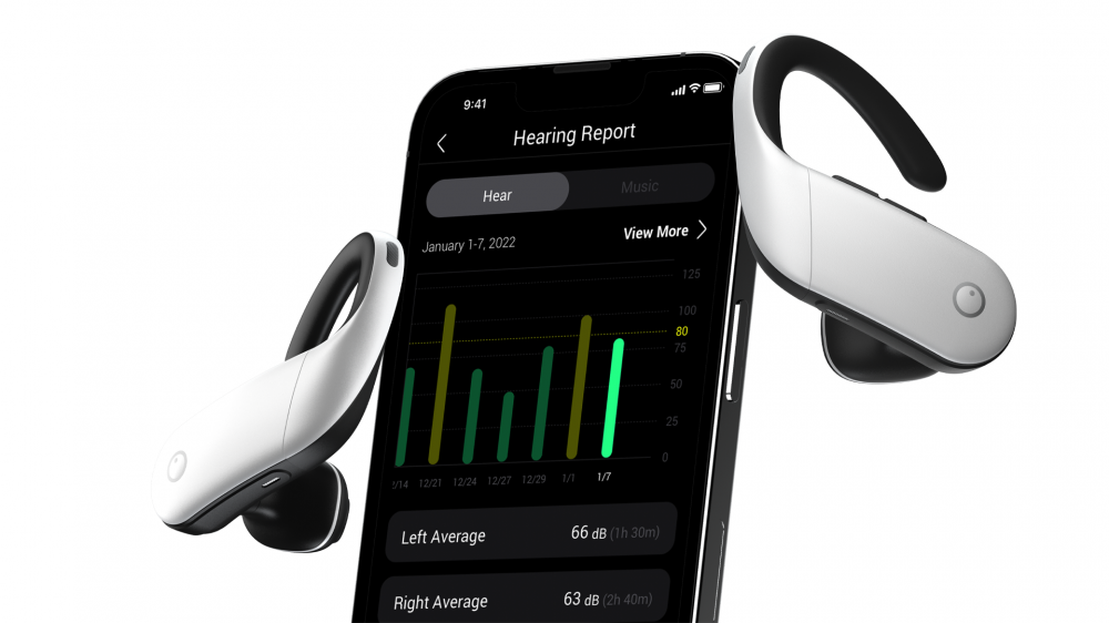 The Olive Max wireless hearing aids with the companion app.