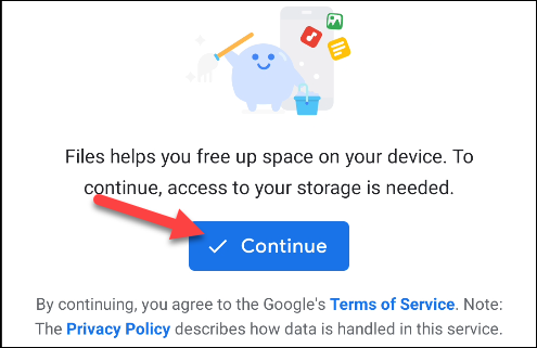 Tap "Continue" to agree to Google's terms and privacy policy.