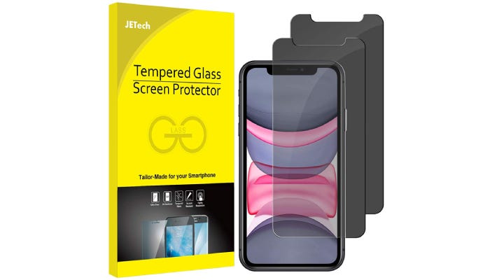 A tempered glass screen protector next to its package. 