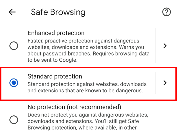 Select "Standard protection" or "No protection" to remove "Enhance protection"