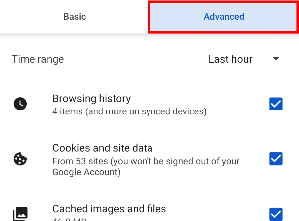 Switch to the "Advanced" tab to removed additional data like saved passwords, site settings, and auto-fill form data