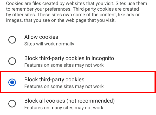 Choose the "Block third-party cookies" option