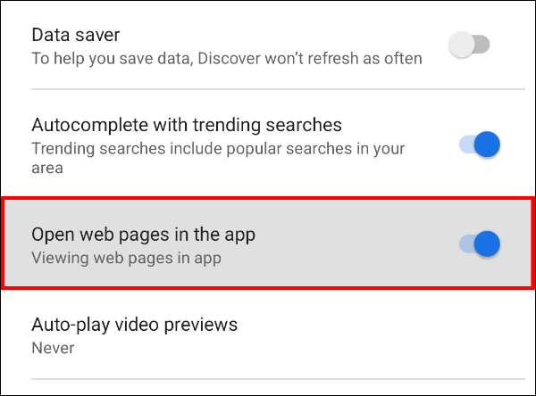 Tap the "Open web pages in the app" option to deselect it