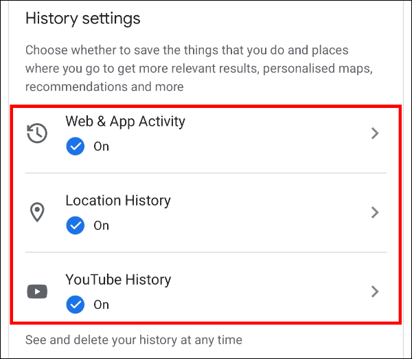 Scroll down to "History settings," and you'll find three options: "Web & App Activity," "Location History," and "YouTube History"