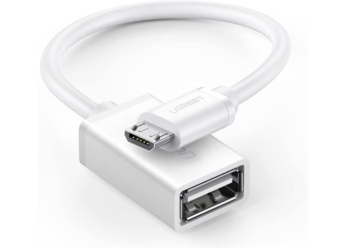 White Micro USB to USB adapter with a 4-inch cable.