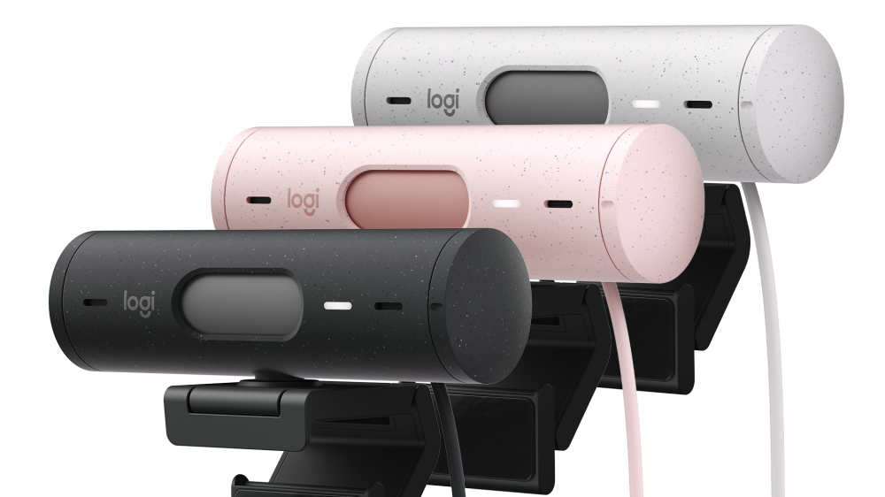 Logitech Brio 500 webcam in black, pink, and white.