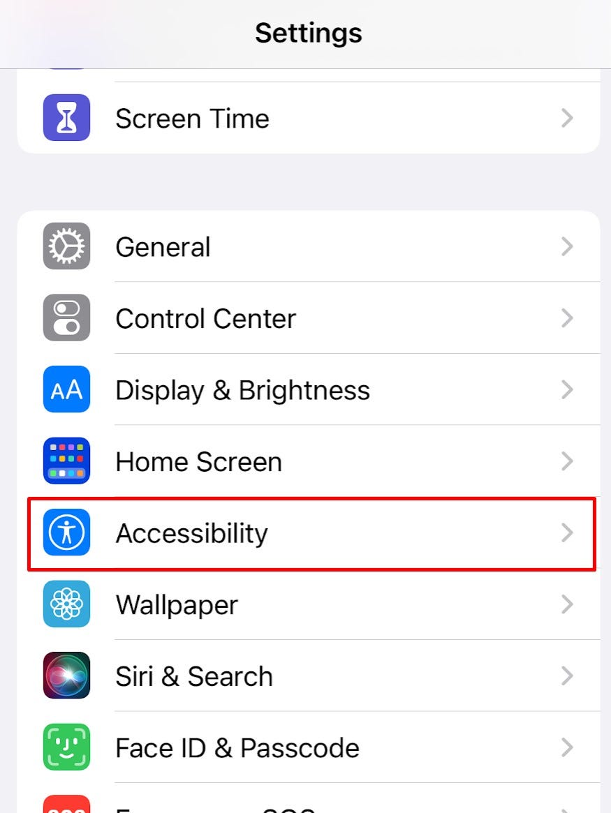 In Settings, go to Accessibility.