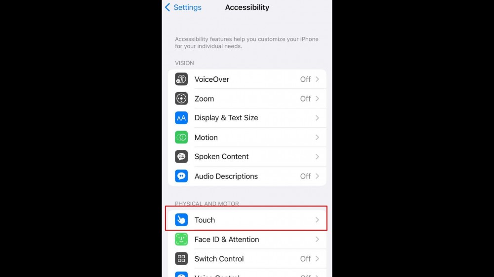 in Accessibility, go to Touch