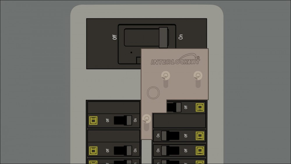 An example of an interlock kit installed on a Square D brand electrical panel.