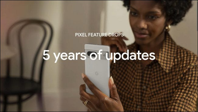 image from Google presentation that reads "Pixel Feature Drops: 5 years of updates."