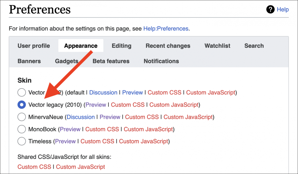 Wikipedia skin options