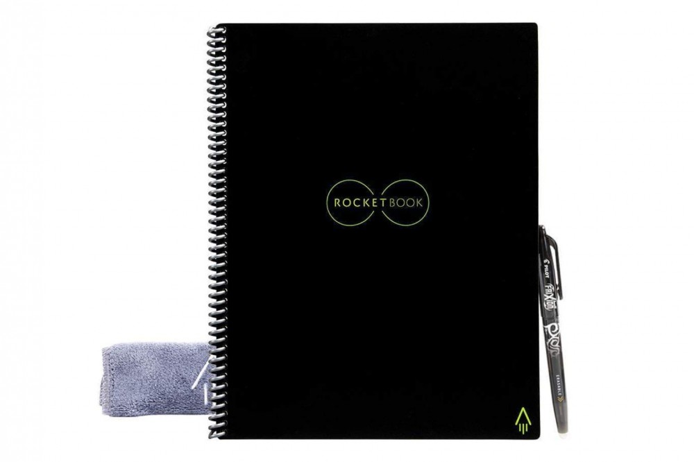 Black Rocketbook Reusable Notebook with a cleaning cloth and pen.