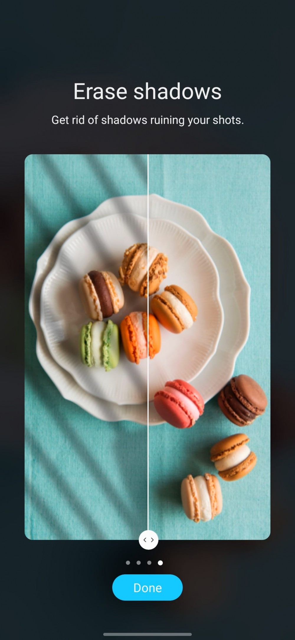 Example of remove shadows tool in Galaxy Enhance X photo editor app.