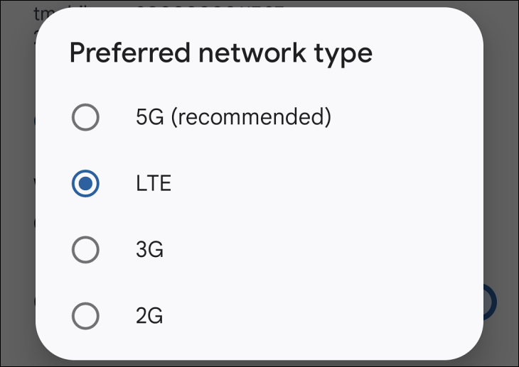 Preferred network type in Android settings