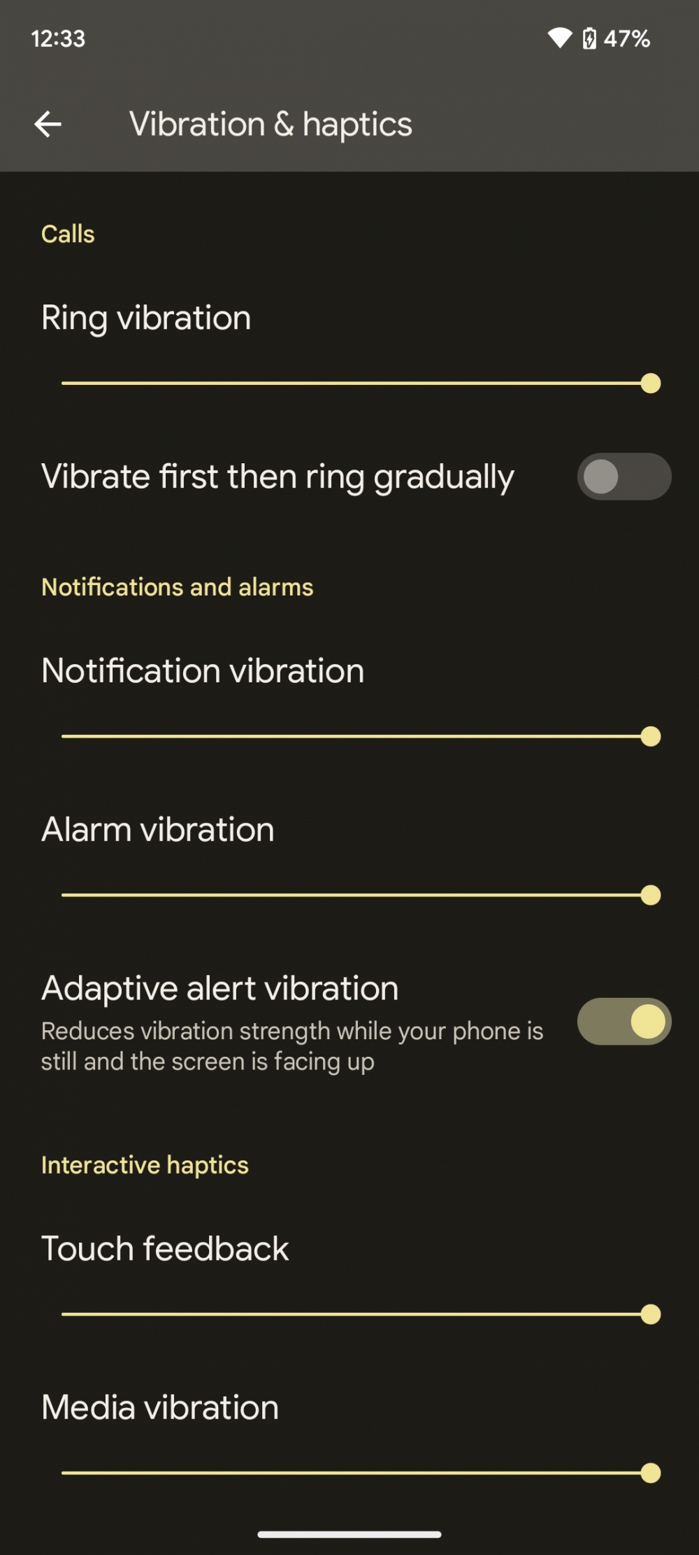 image of Pixel 7a Adaptive Alert Vibration setting enabled.